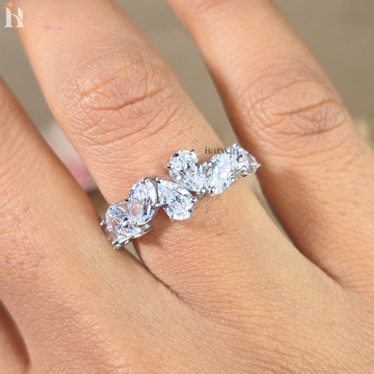 Oval & Pear Moissanite Wedding Band, Seven Stone Engagement Ring
