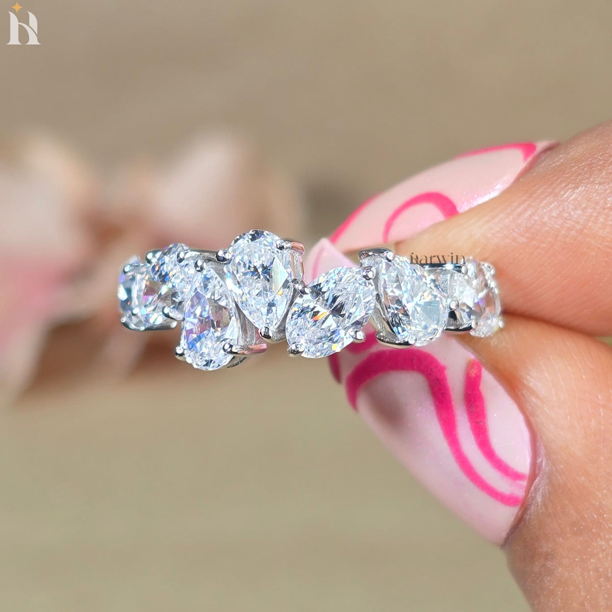 Oval & Pear Moissanite Wedding Band, Seven Stone Engagement Ring