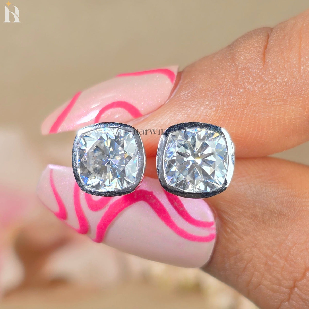 4 TCW Cushion Cut Moissanite Women's Earrings, Bezel Set Solitaire Stud Earrings