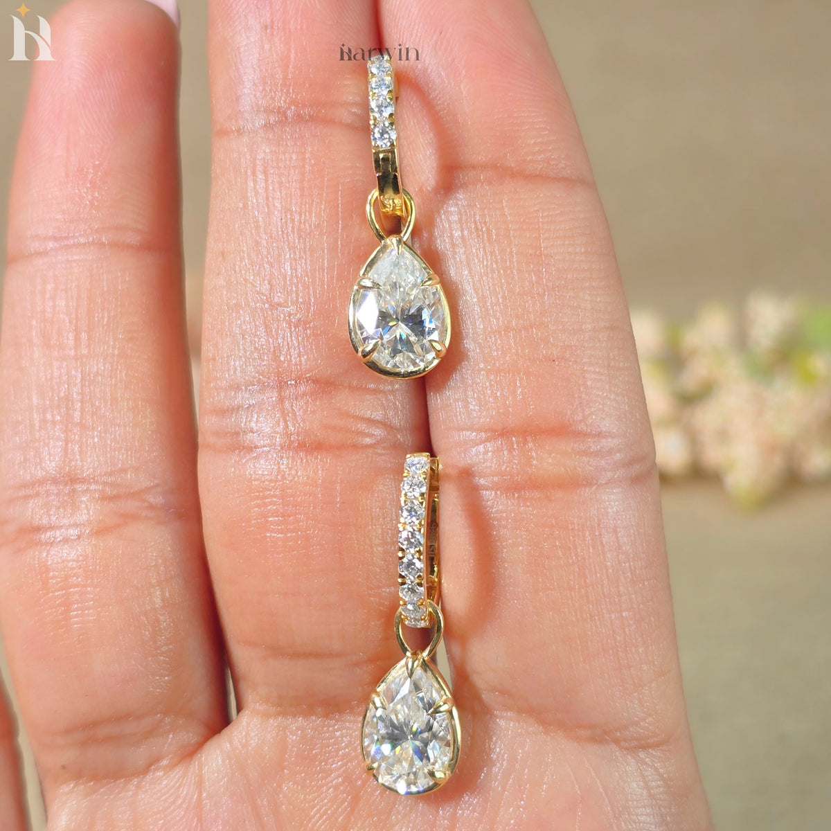 Pear Cut Moissanite Diamond Earrings, Solid Gold Dangle Drop Earrings For Women