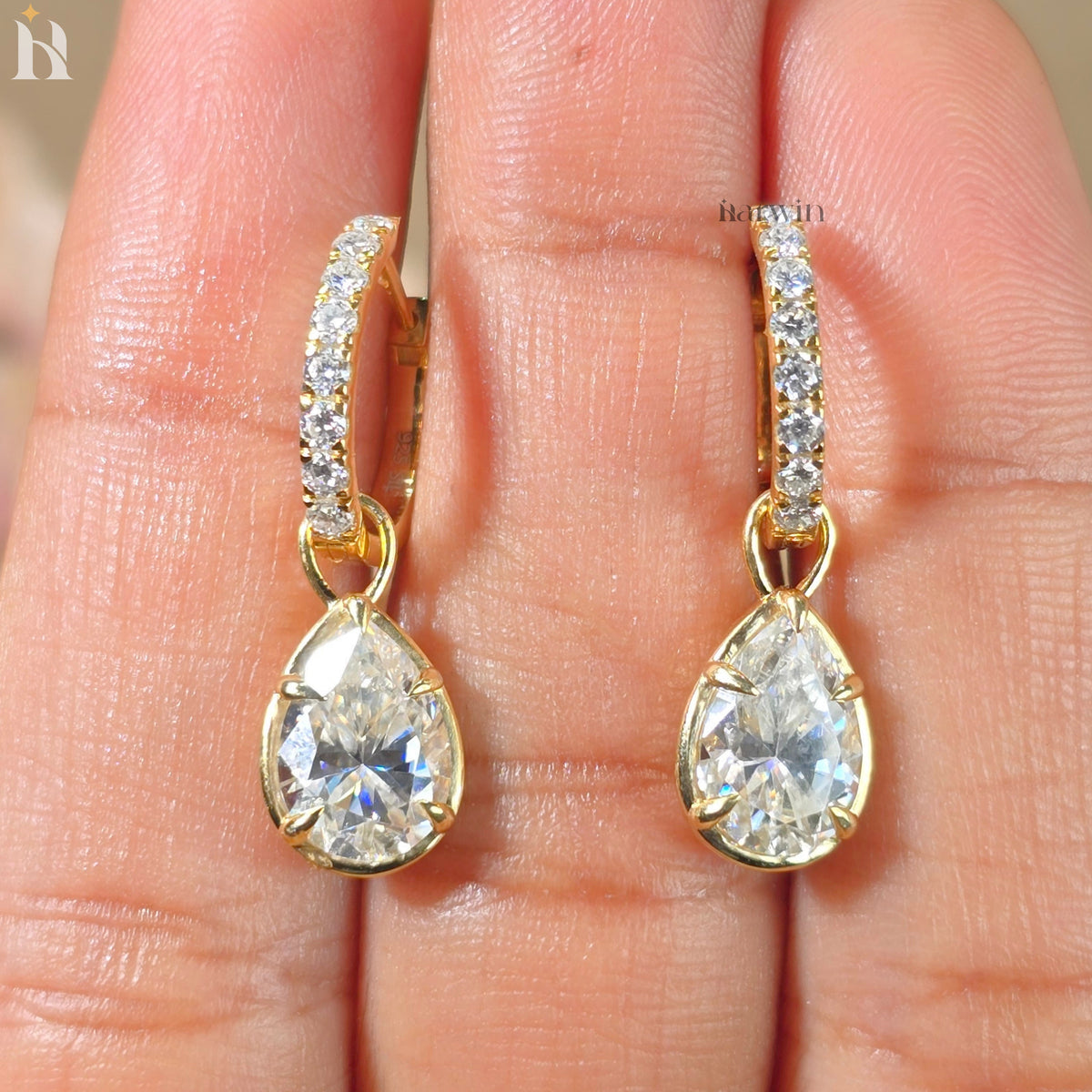 Pear Cut Moissanite Diamond Earrings, Solid Gold Dangle Drop Earrings For Women