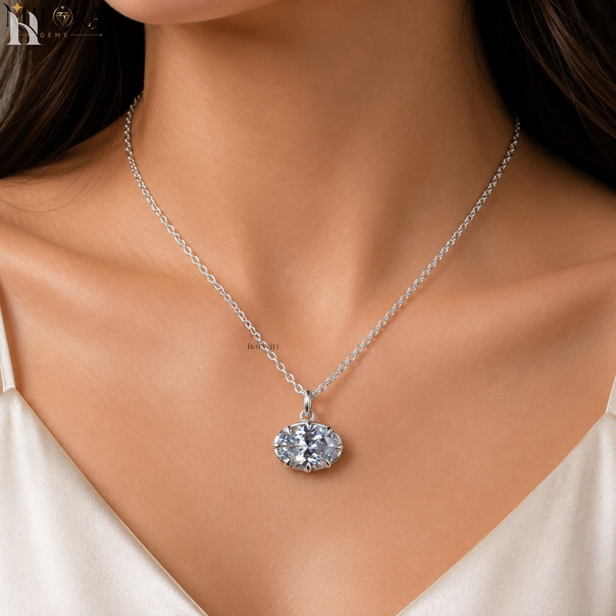 East To West Oval Cut Moissanite Pendant, 3.5 CT Diamond Solitaire Pendant, Anniversary Gift