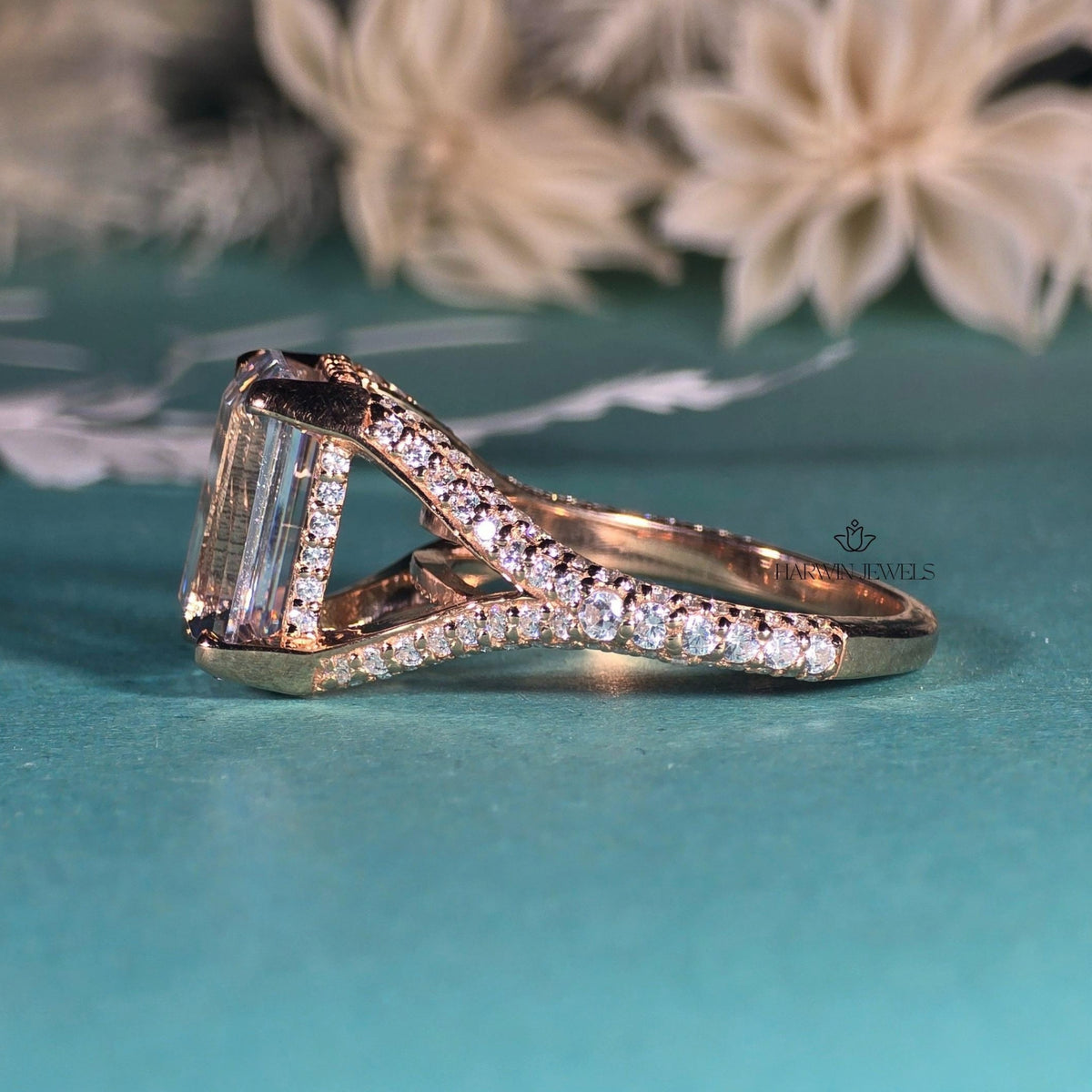 4CT Emerald Cut Split Shank Type Engagement Ring, 14K Solid Gold Moissanite Wedding Ring