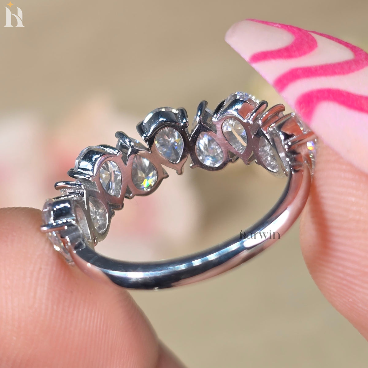 Pear Cut Moissanite Half Eternity Band Teardrop Anniversary Band White Gold Stackable Bridal Ring