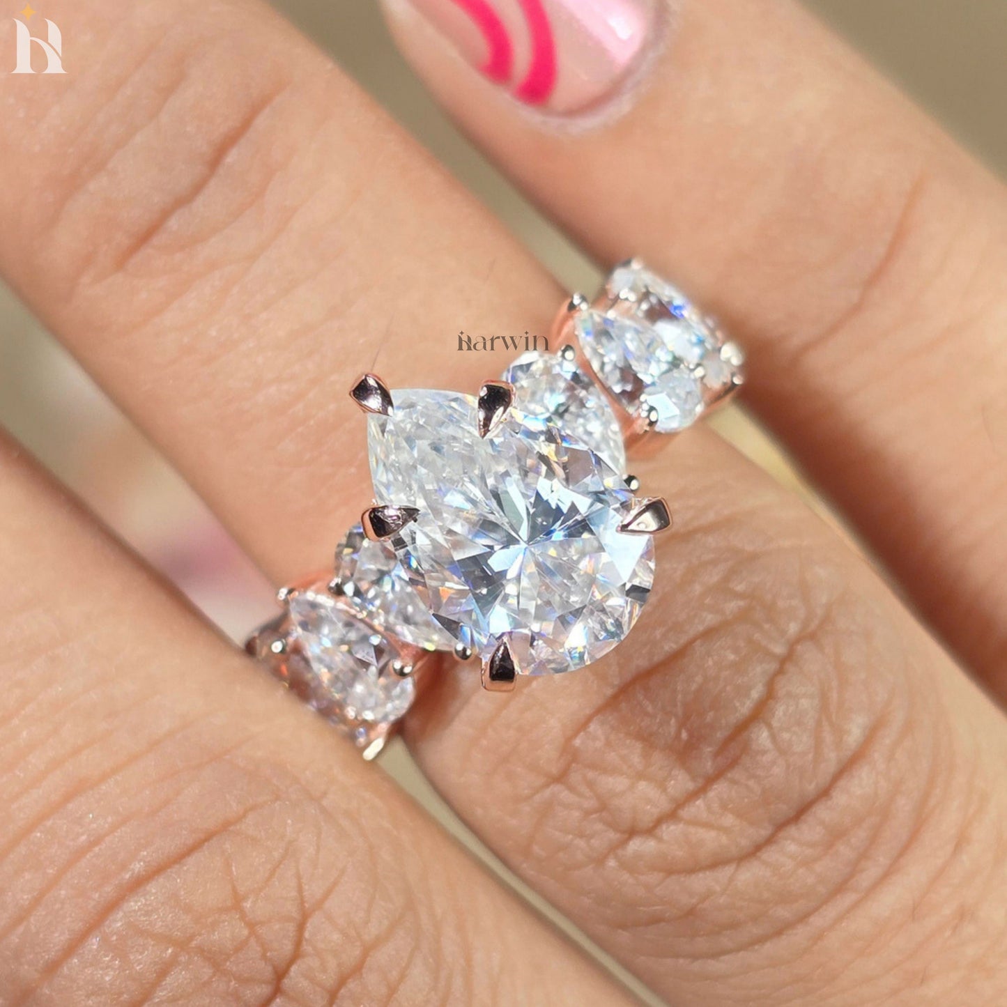 5CT Pear Cut Moissanite Engagement Ring 4x6 MM Side Stone Band, Unique Bridal Ring