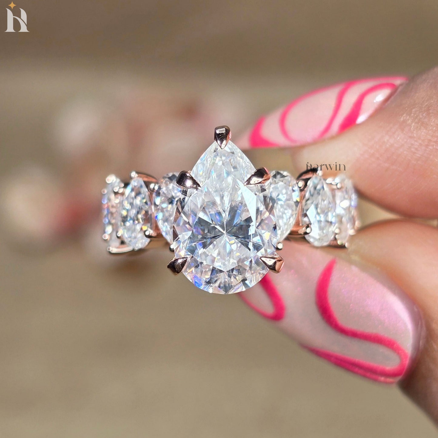 5CT Pear Cut Moissanite Engagement Ring 4x6 MM Side Stone Band, Unique Bridal Ring