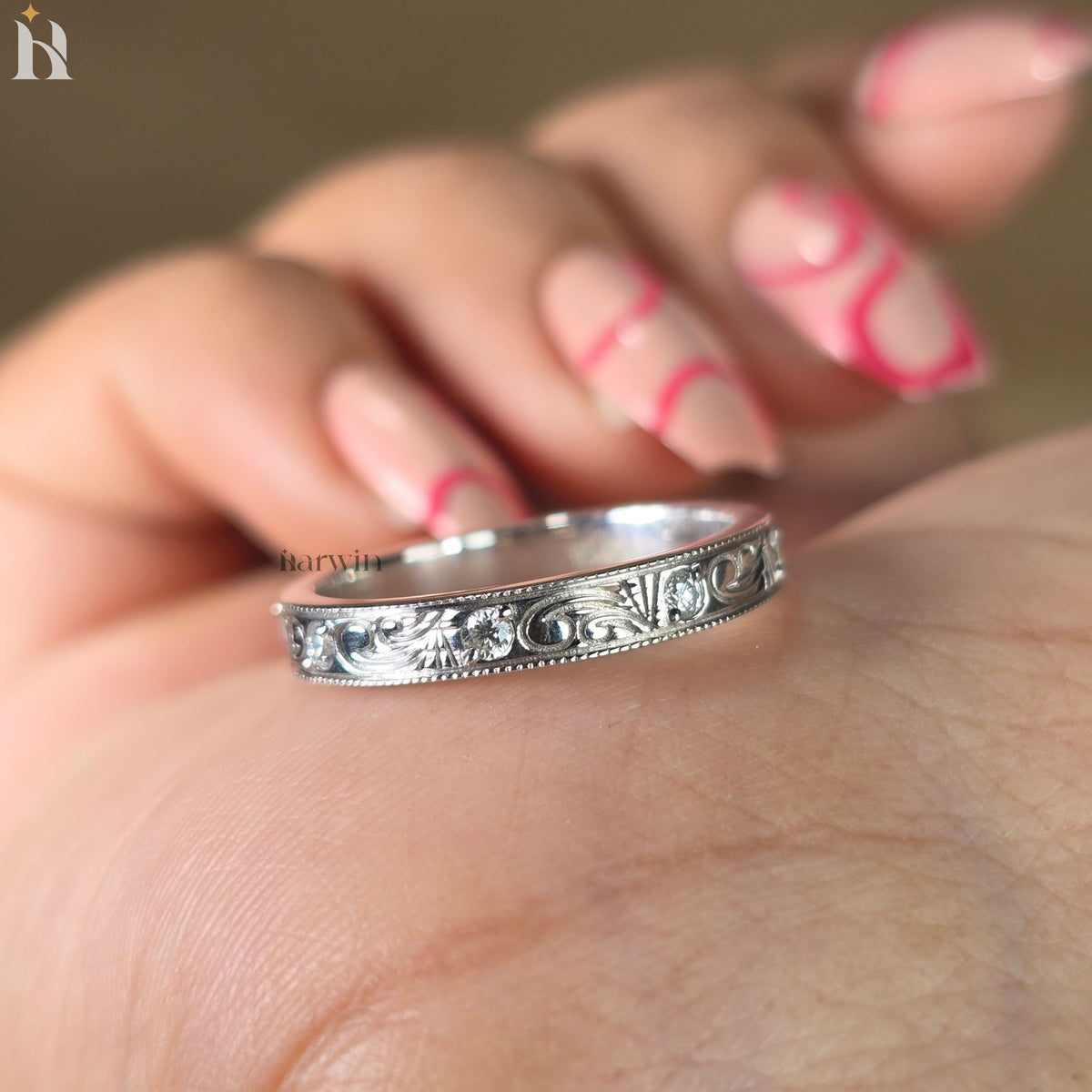 Art Deco Wedding Band, Vintage Engraved Scrollwork Ring, Antique Style Diamond Accent Band