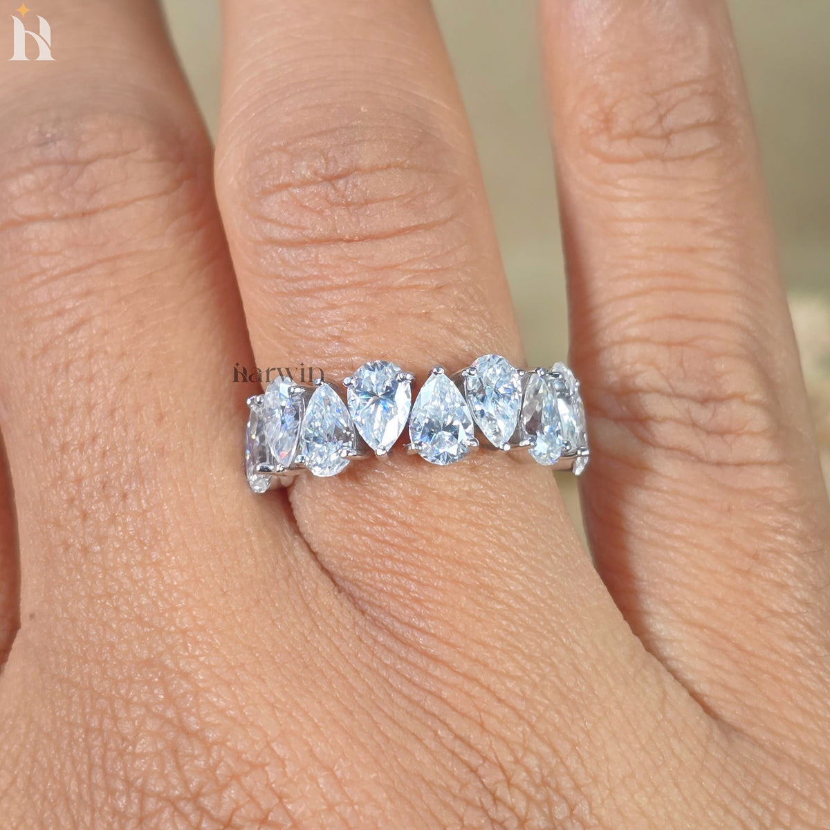 Pear Cut Moissanite Half Eternity Band Teardrop Anniversary Band White Gold Stackable Bridal Ring