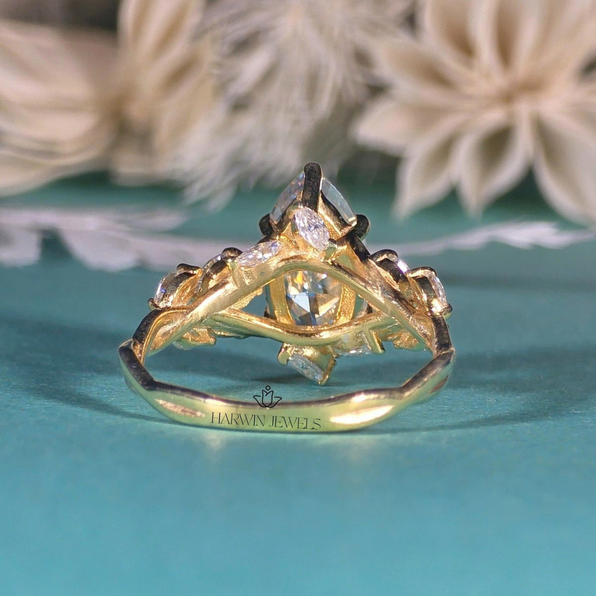 3 CT Marquise Cut Moissanite Engagement Ring Side Stone Solid Gold Ring