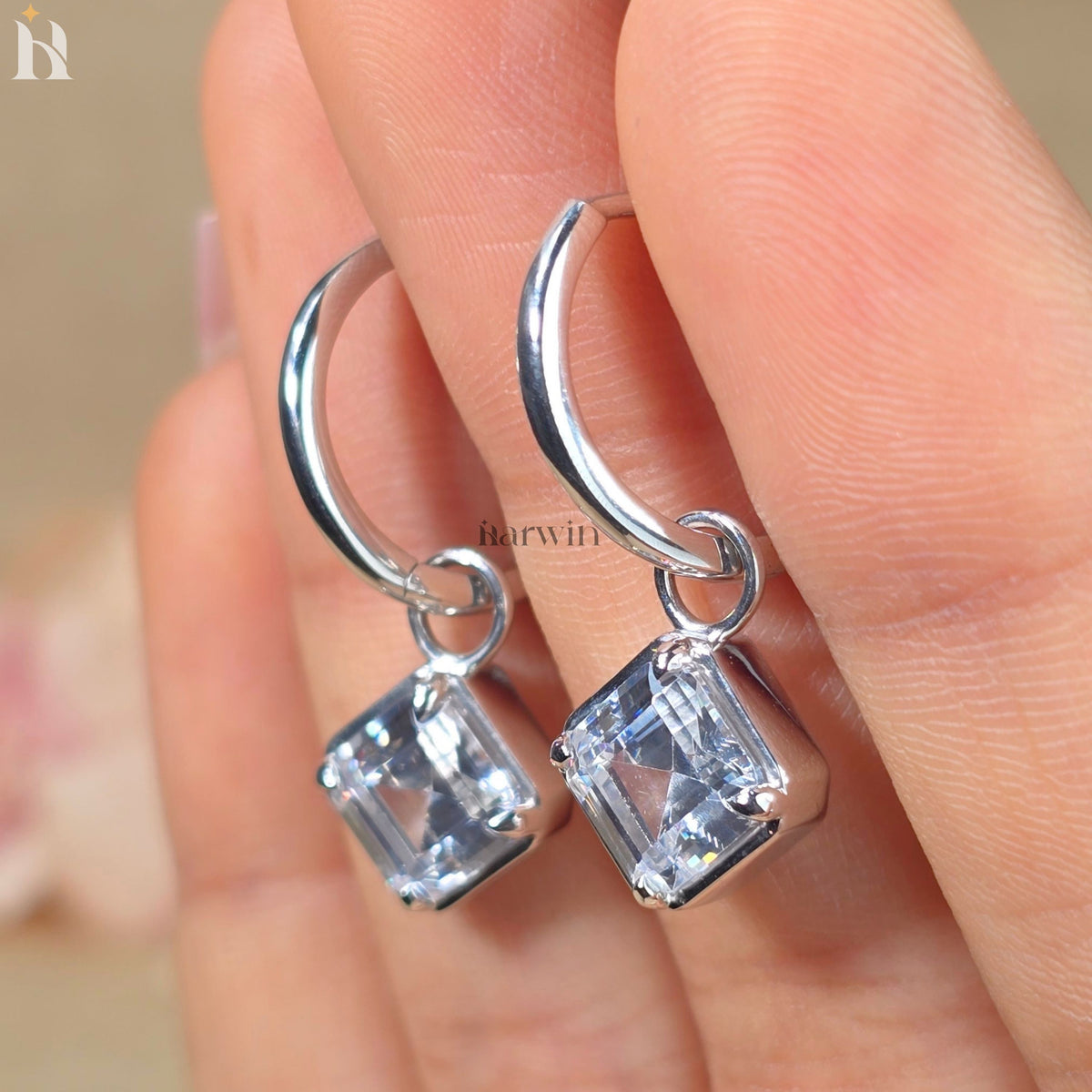 Asscher Cut Moissanite Diamond Earrings, Lever Back Hoop Dangle Drop Solitaire Earrings