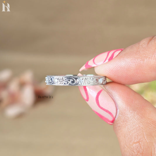 Art Deco Wedding Band, Vintage Engraved Scrollwork Ring, Antique Style Diamond Accent Band