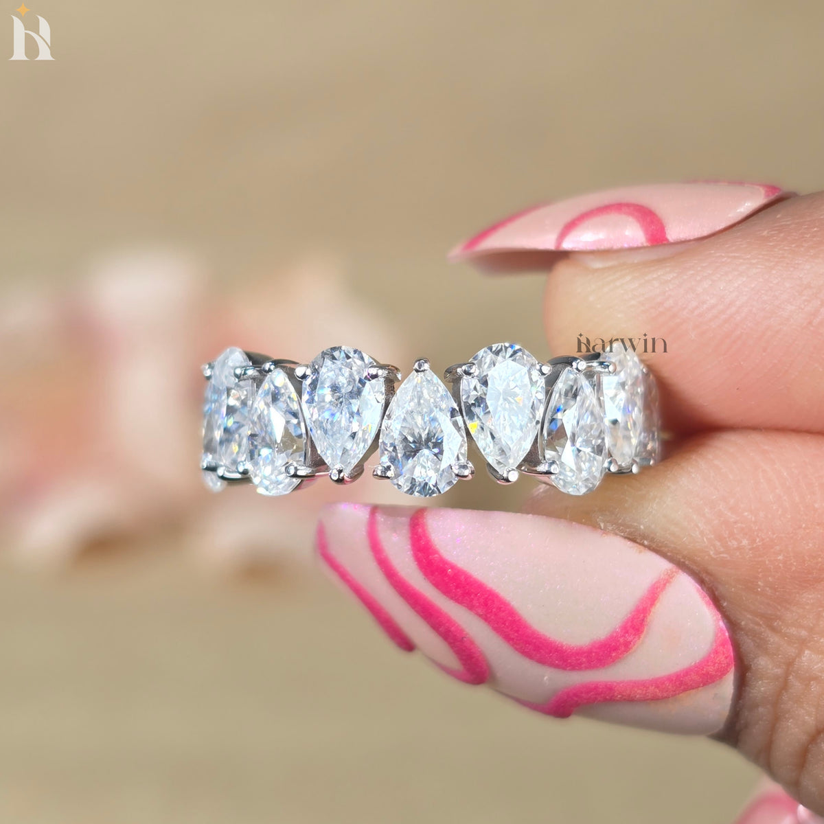 Pear Cut Moissanite Half Eternity Band Teardrop Anniversary Band White Gold Stackable Bridal Ring