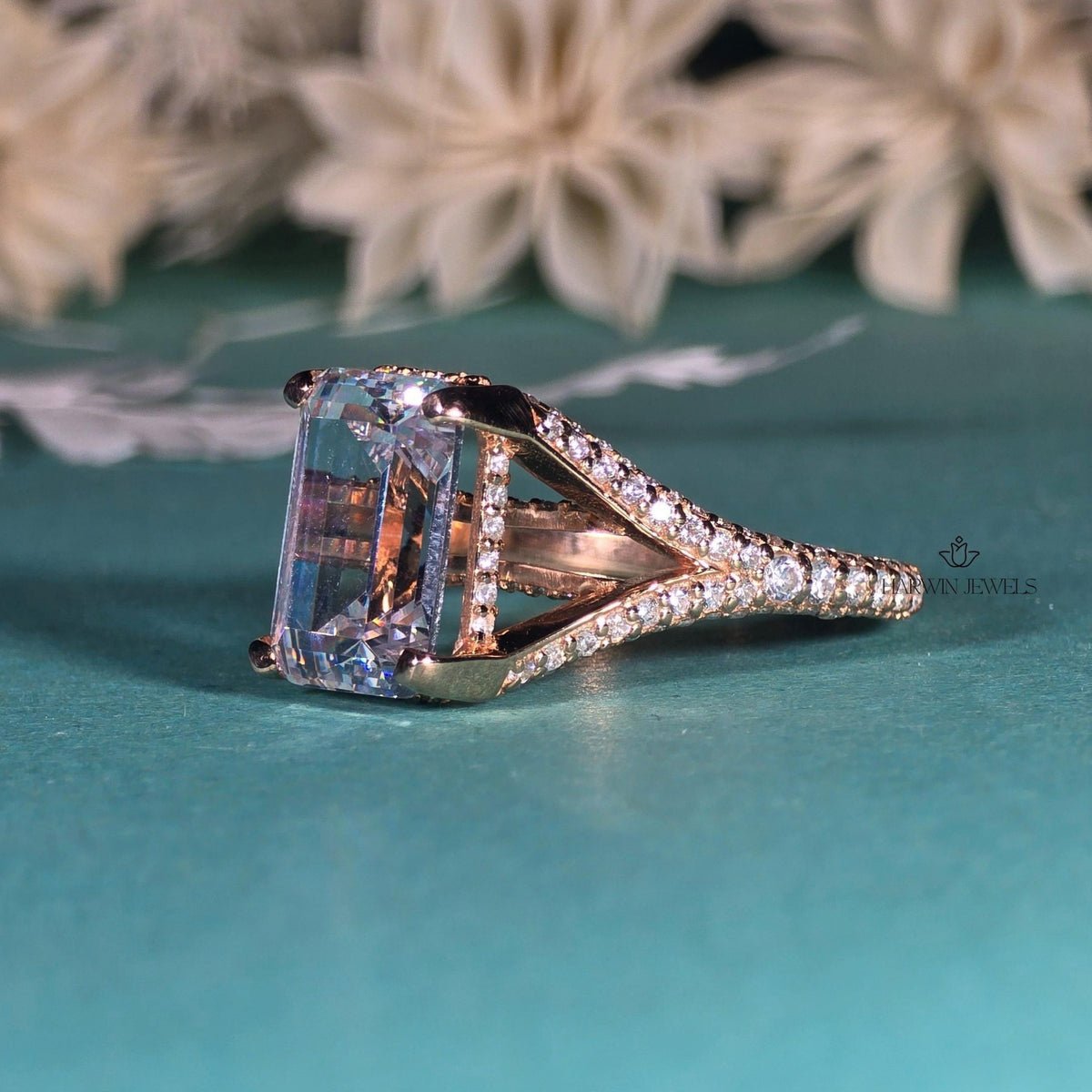 4CT Emerald Cut Split Shank Type Engagement Ring, 14K Solid Gold Moissanite Wedding Ring