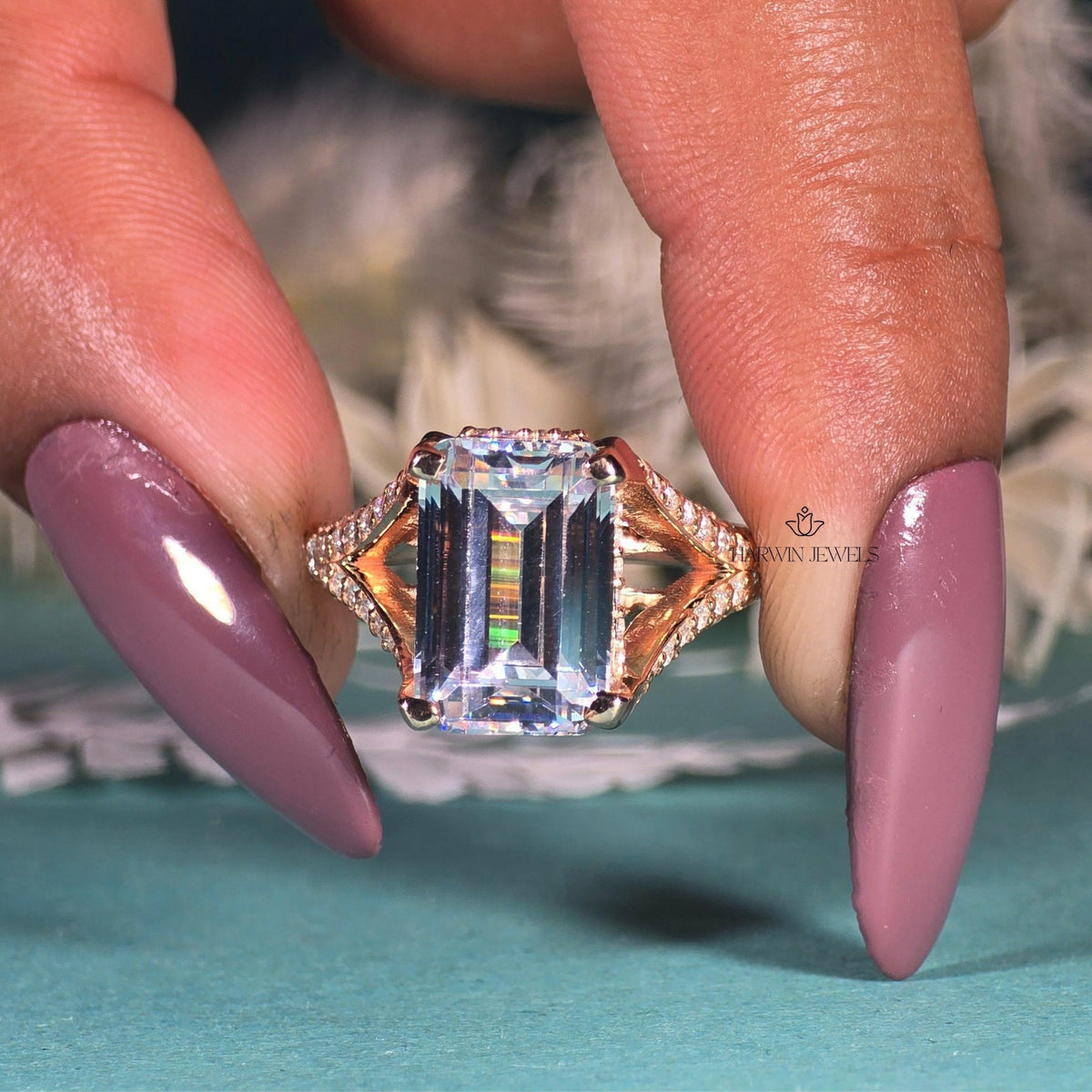 4CT Emerald Cut Split Shank Type Engagement Ring, 14K Solid Gold Moissanite Wedding Ring