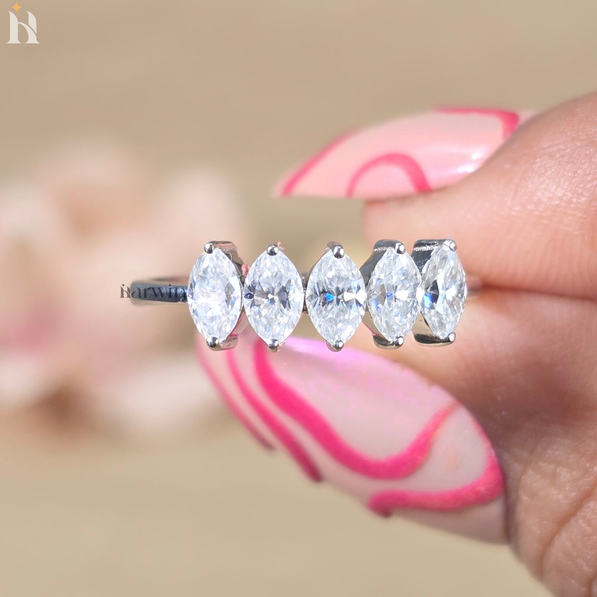 Marquise Cut Moissanite Five Stone Ring, Graduating Diamond Anniversary Band, Engagement Ring
