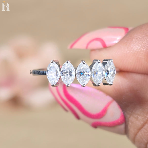 Marquise Cut Moissanite Five Stone Ring, Graduating Diamond Anniversary Band, Engagement Ring