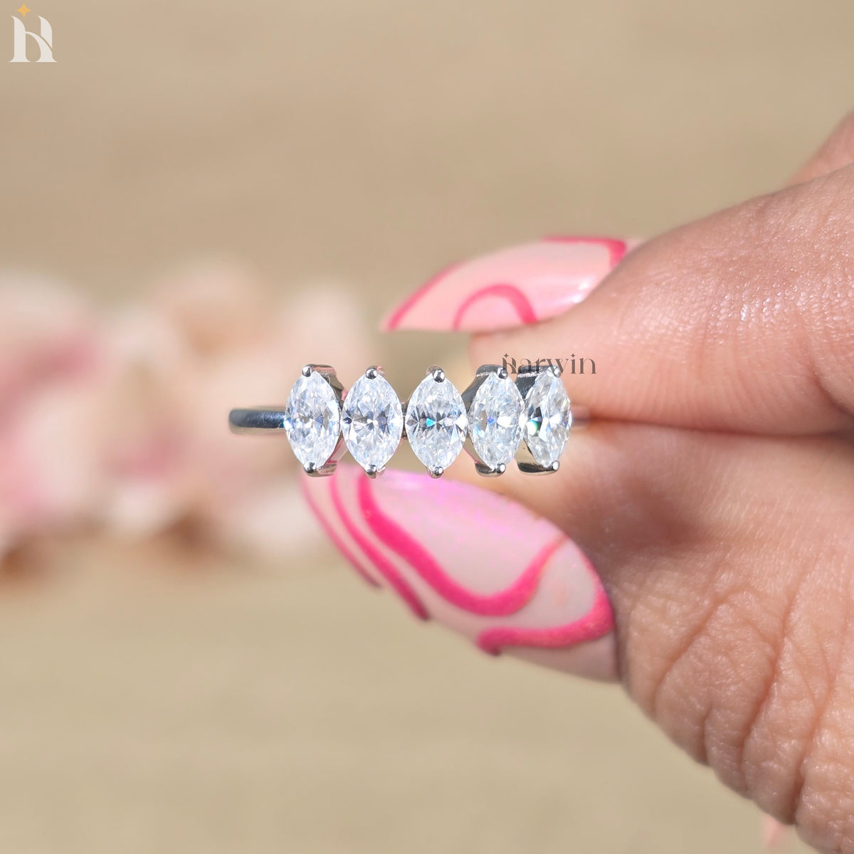 Marquise Cut Moissanite Five Stone Ring, Graduating Diamond Anniversary Band, Engagement Ring