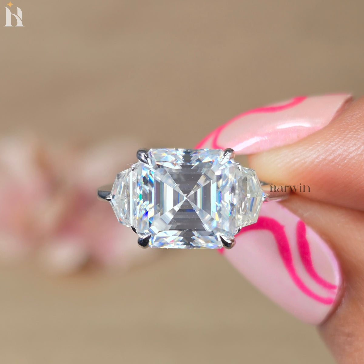 4CT Asscher Moissanite Three Stone Engagement Ring, Epaulette Side Diamond Silver Ring