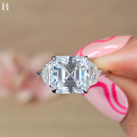4CT Asscher Moissanite Three Stone Engagement Ring, Epaulette Side Diamond Silver Ring