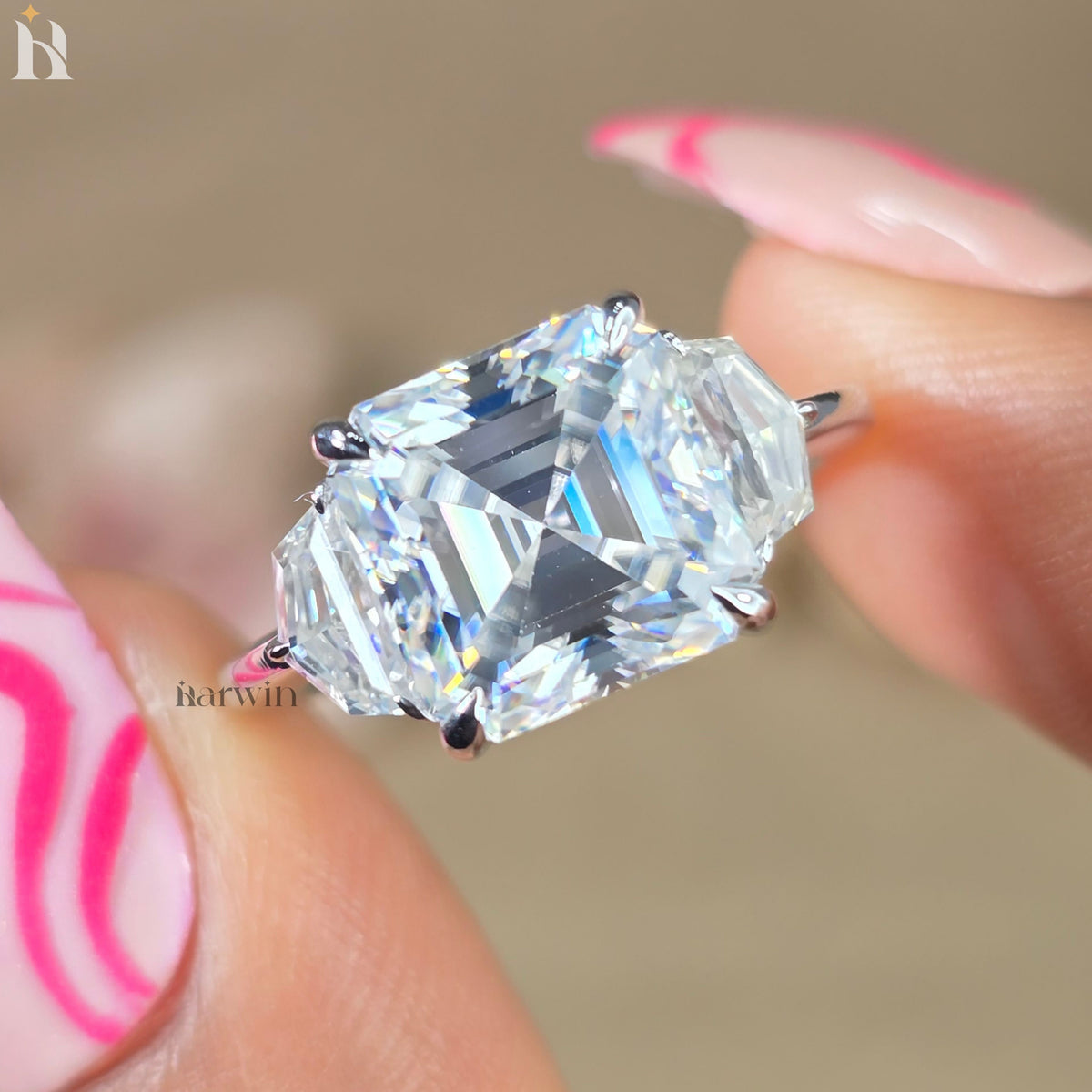 4CT Asscher Moissanite Three Stone Engagement Ring, Epaulette Side Diamond Silver Ring