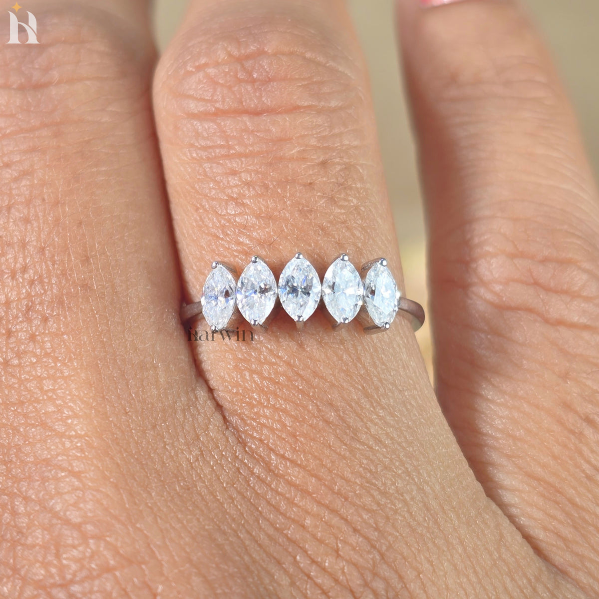 Marquise Cut Moissanite Five Stone Ring, Graduating Diamond Anniversary Band, Engagement Ring