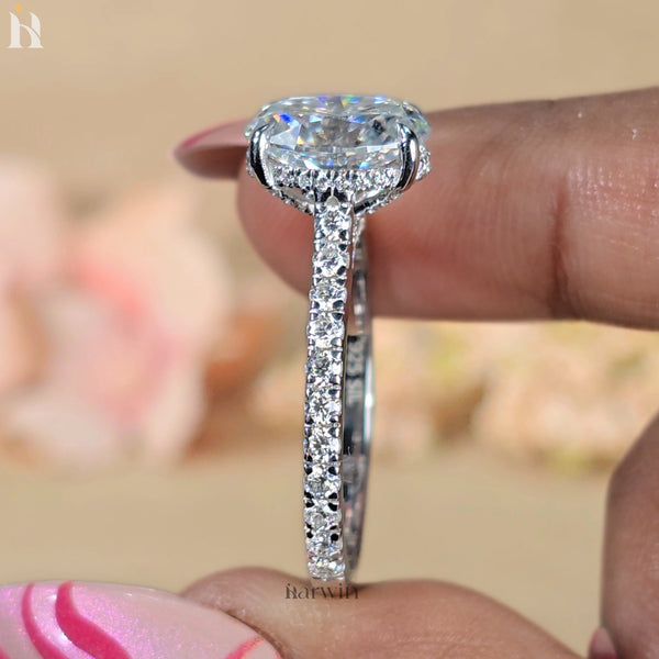 3 CT Oval Cut Moissanite Engagement Ring, Half Pave Set and Hidden halo Ring