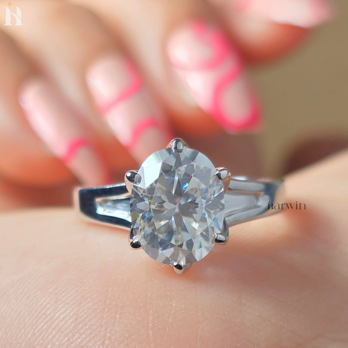 3CT Oval Cut Moissanite Tulip Setting Engagement Ring, Solid Silver Floral Ring