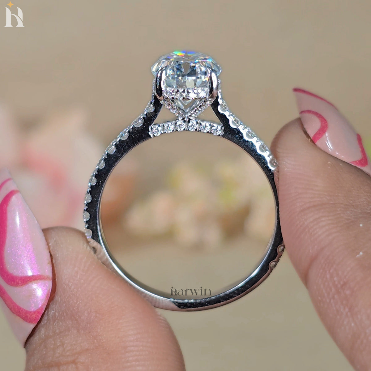 3 CT Oval Cut Moissanite Engagement Ring, Half Pave Set and Hidden halo Ring
