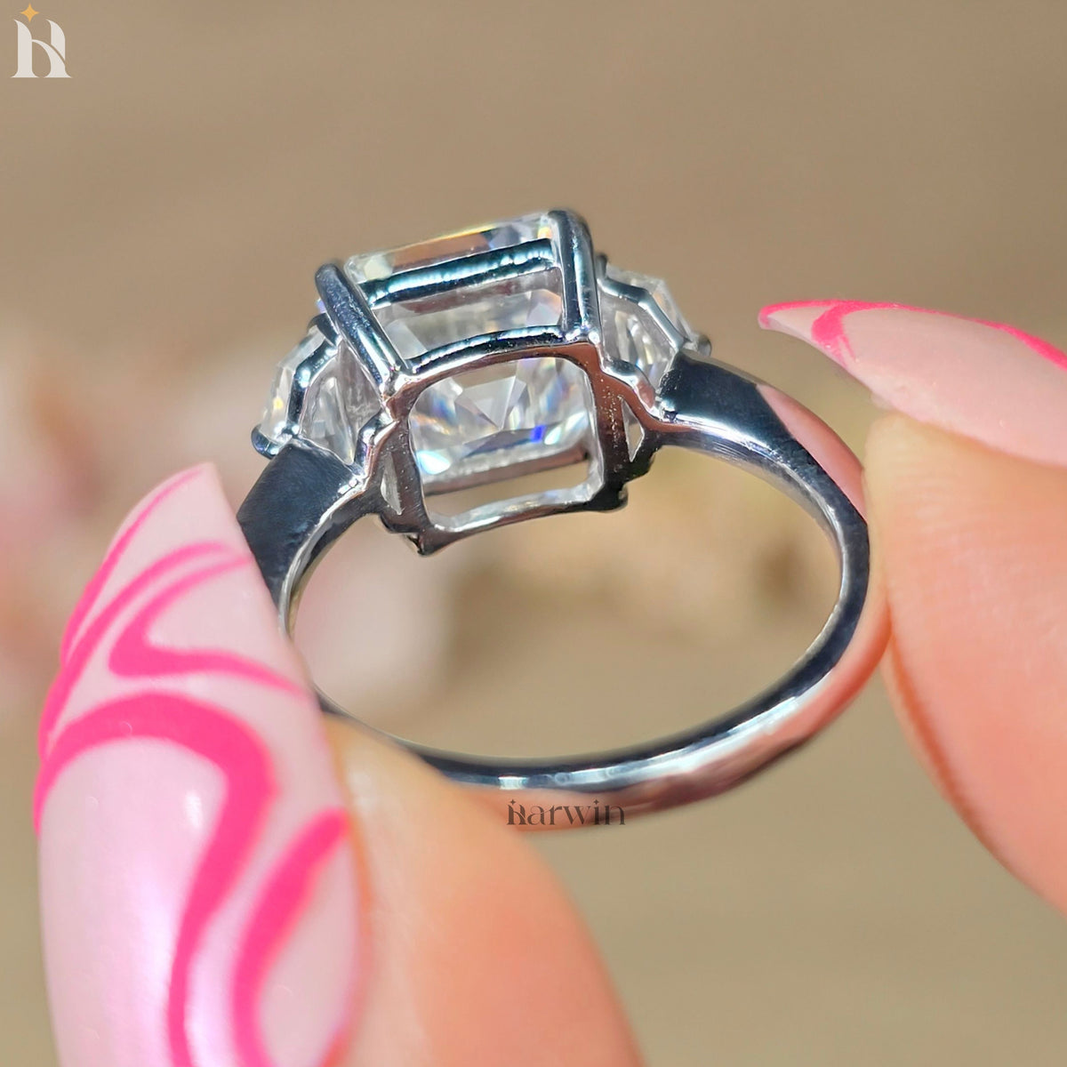 4CT Asscher Moissanite Three Stone Engagement Ring, Epaulette Side Diamond Silver Ring