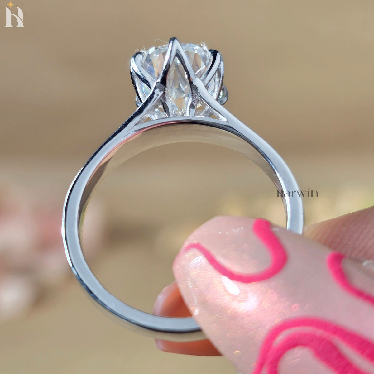 3CT Oval Cut Moissanite Tulip Setting Engagement Ring, Solid Silver Floral Ring