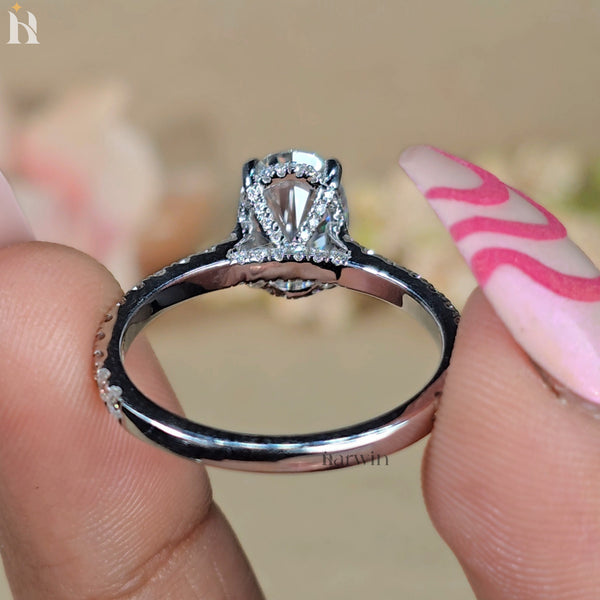 3 CT Oval Cut Moissanite Engagement Ring, Half Pave Set and Hidden halo Ring