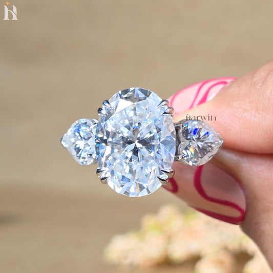 10CT Oval Cut Moissanite Engagement Ring with Heart Side Stones