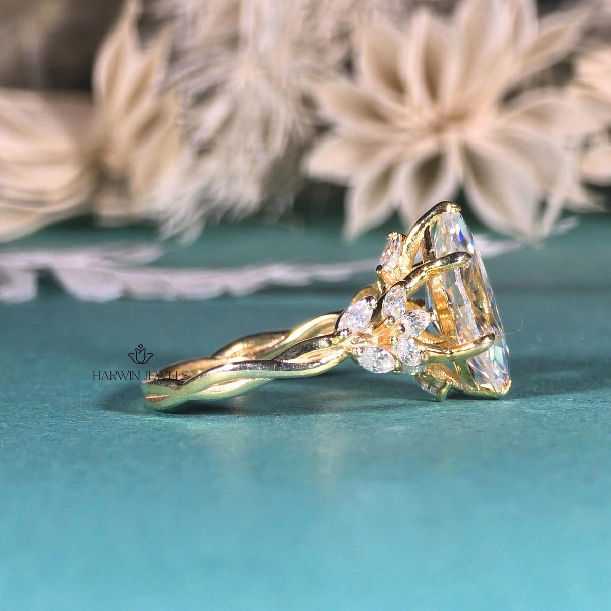 3 CT Marquise Cut Moissanite Engagement Ring Side Stone Solid Gold Ring