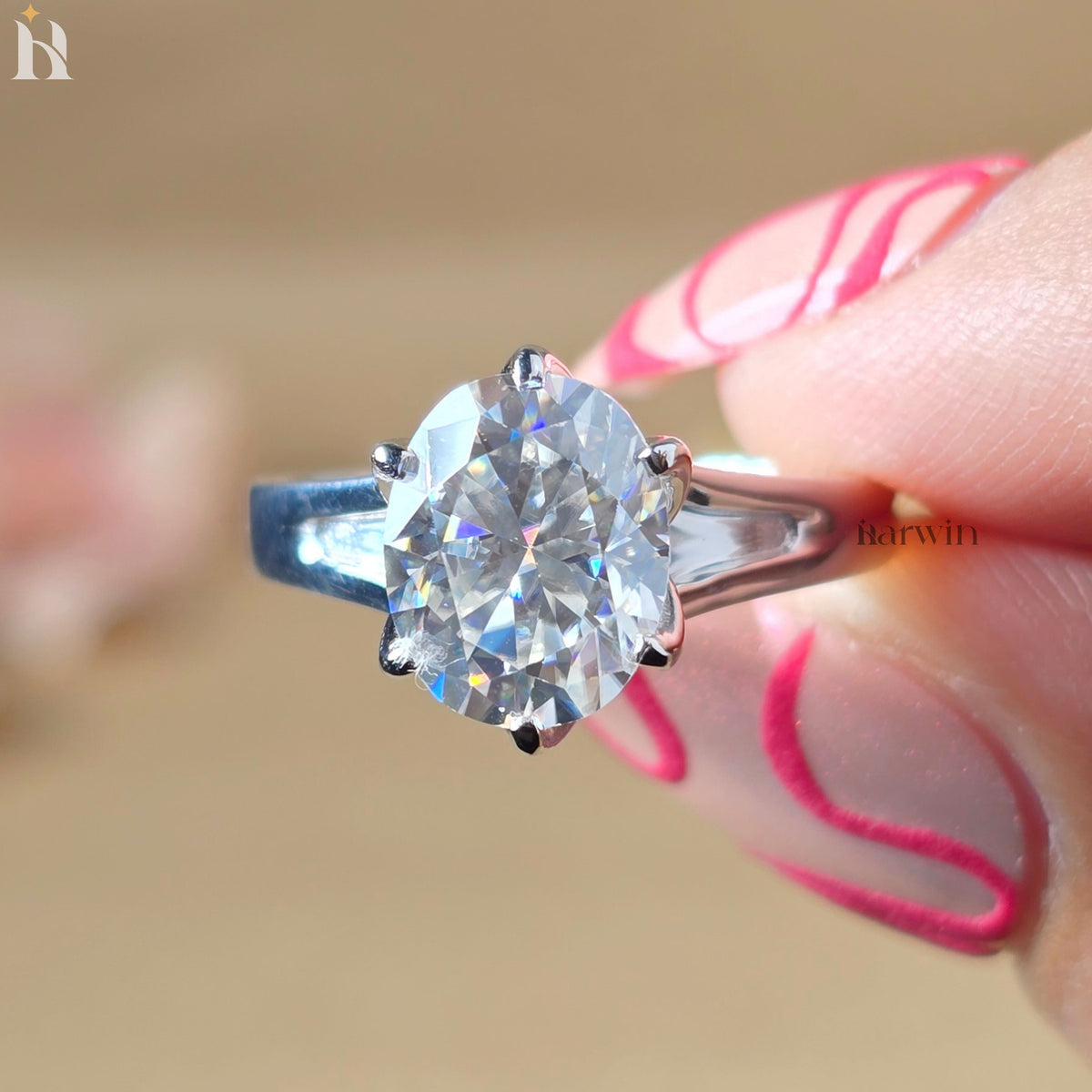 3CT Oval Cut Moissanite Tulip Setting Engagement Ring, Solid Silver Floral Ring