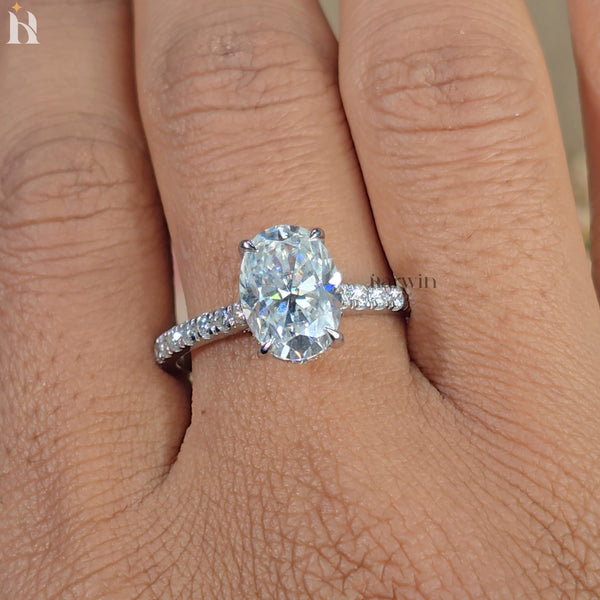 3 CT Oval Cut Moissanite Engagement Ring, Half Pave Set and Hidden halo Ring