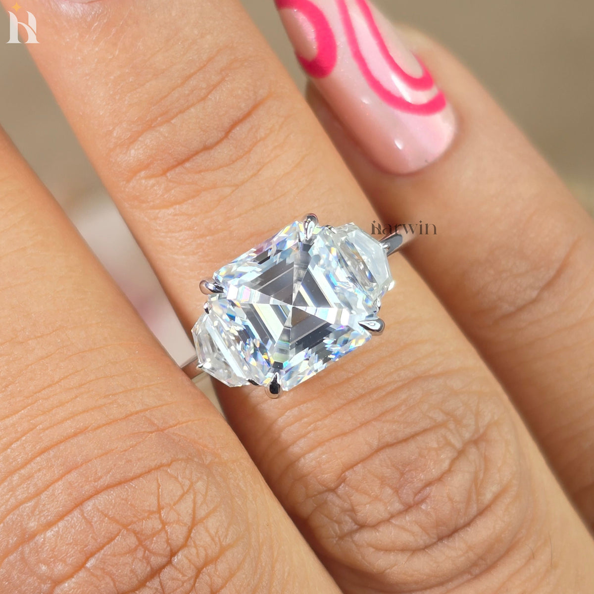 4CT Asscher Moissanite Three Stone Engagement Ring, Epaulette Side Diamond Silver Ring