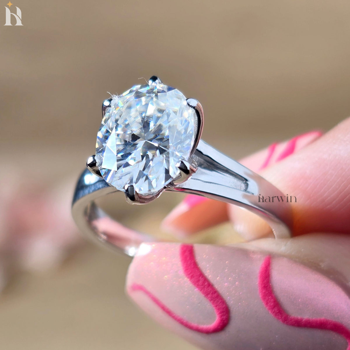 3CT Oval Cut Moissanite Tulip Setting Engagement Ring, Solid Silver Floral Ring