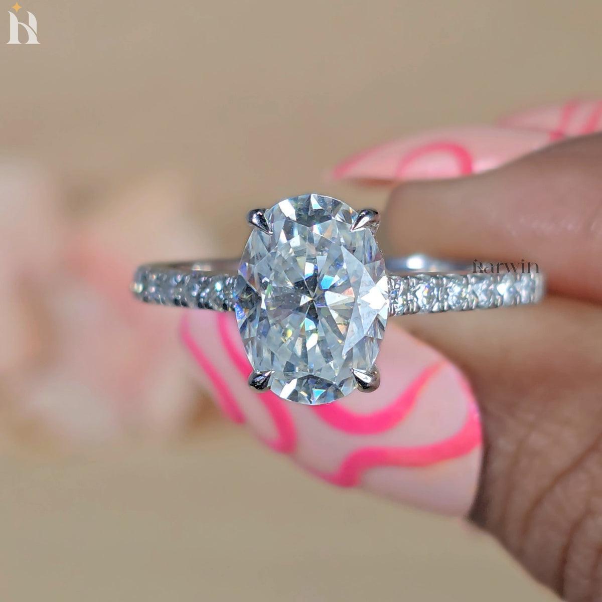 3 CT Oval Cut Moissanite Engagement Ring, Half Pave Set and Hidden halo Ring
