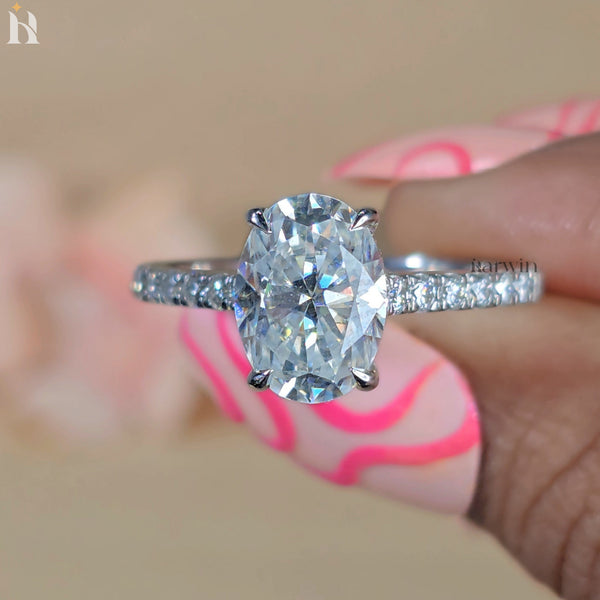 3 CT Oval Cut Moissanite Engagement Ring, Half Pave Set and Hidden halo Ring