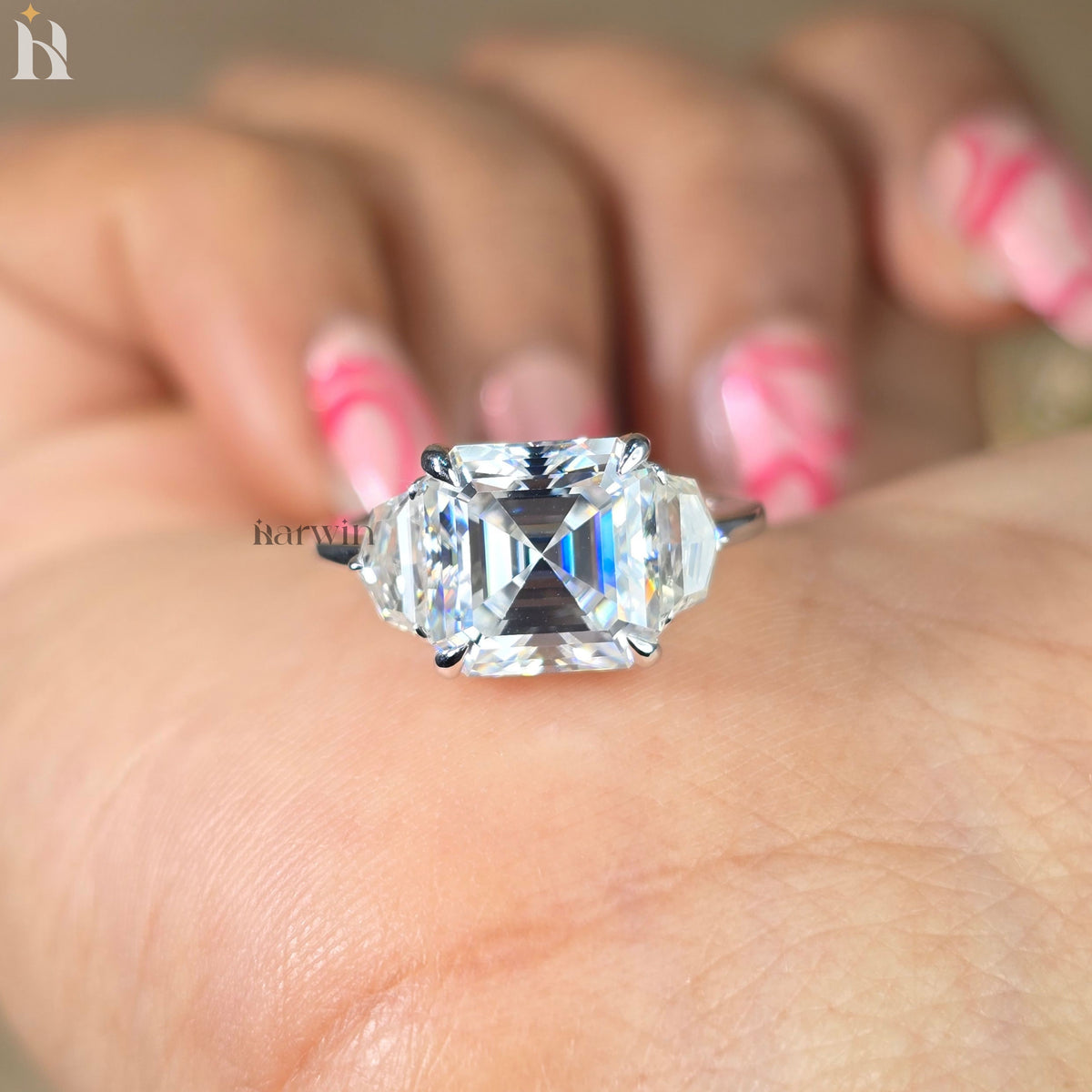 4CT Asscher Moissanite Three Stone Engagement Ring, Epaulette Side Diamond Silver Ring