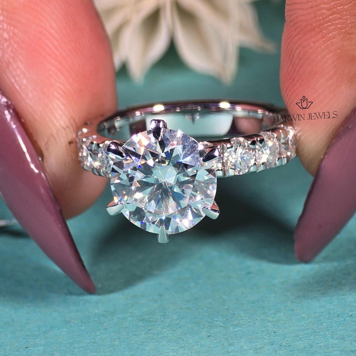 3CT Round Cut Moissanite Engagement Ring, 14k Solid Gold Six Prong Setting Solitaire Ring