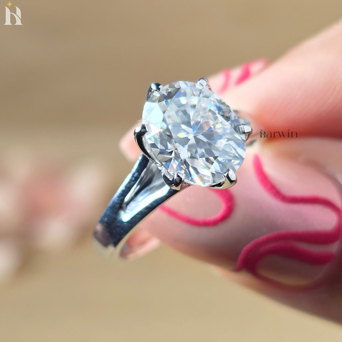 3CT Oval Cut Moissanite Tulip Setting Engagement Ring, Solid Silver Floral Ring
