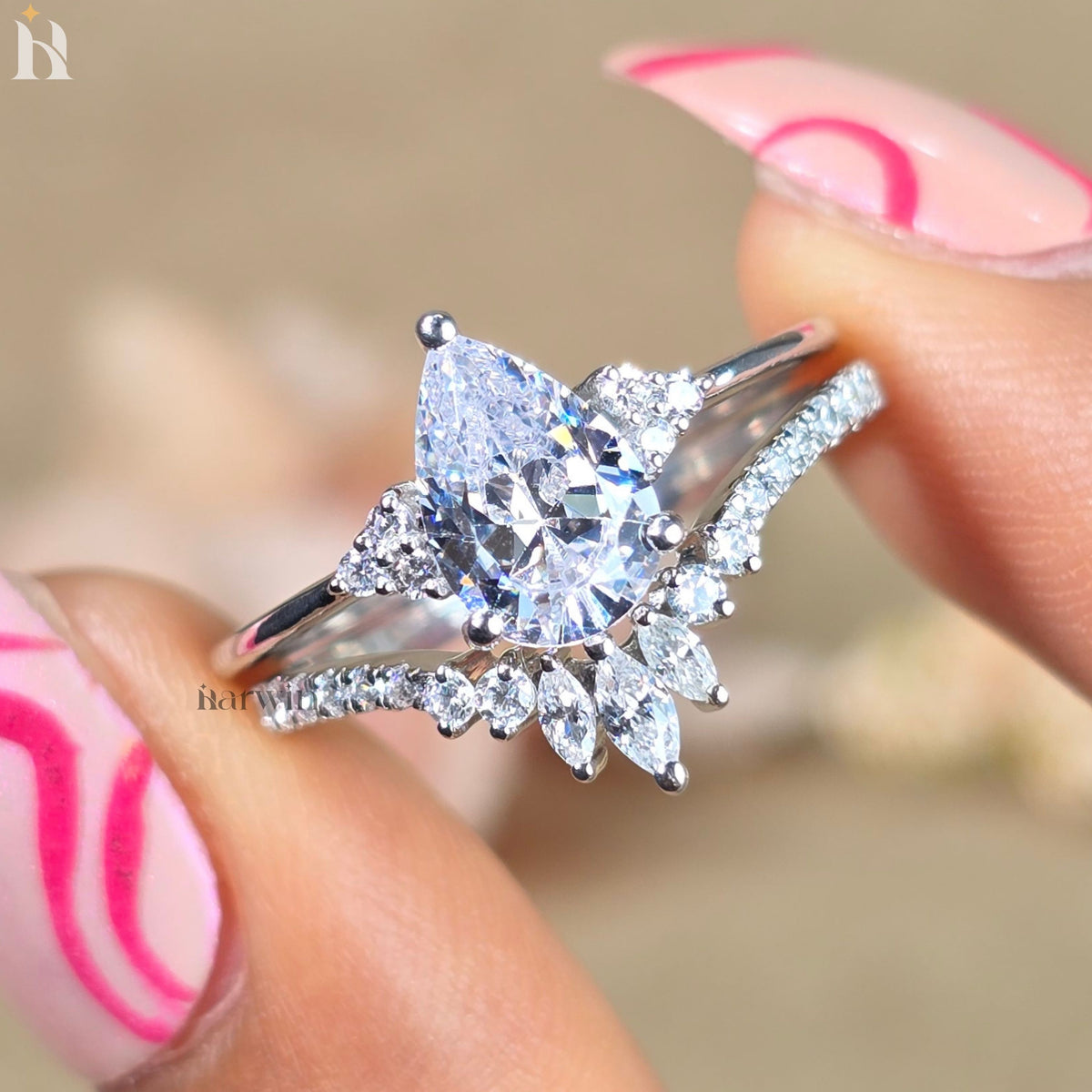 1.50CT Pear Shaped Moissanite Bridal Set, White Gold Cluster Unique Marquise Moissanite Chevron Band