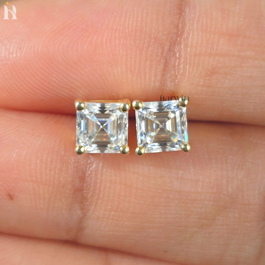 Asscher Cut Moissanite Diamond Prong Setting Stud Earrings, Push Back Solitaire Earrings
