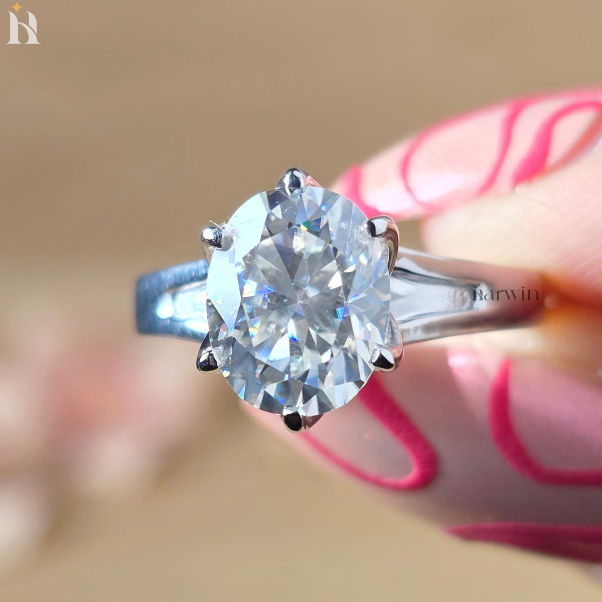 3CT Oval Cut Moissanite Tulip Setting Engagement Ring, Solid Silver Floral Ring