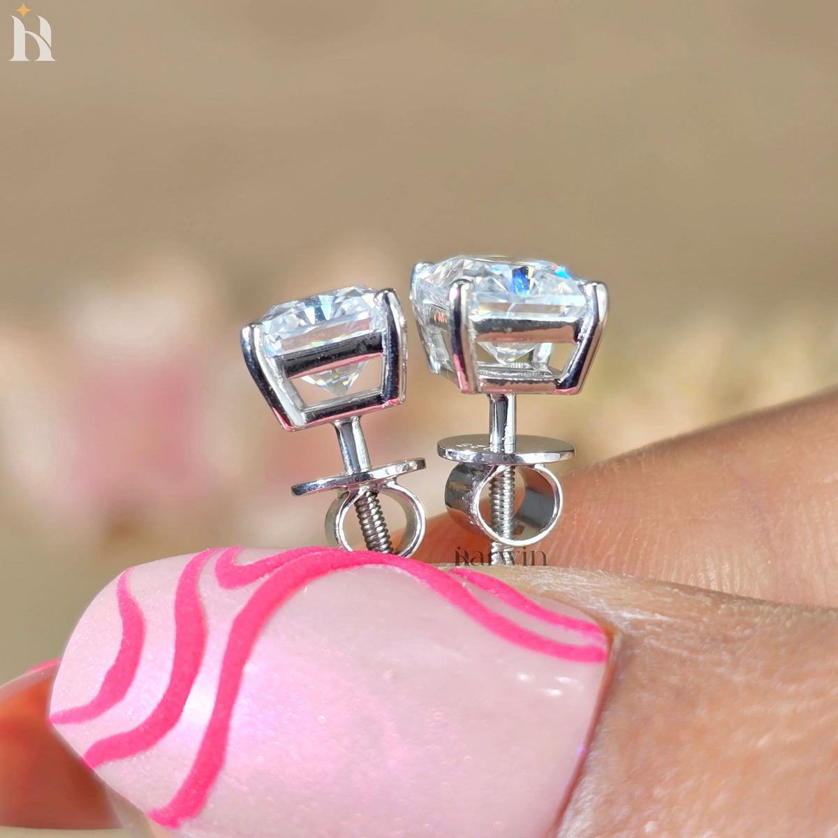 Radiant Cut Moissanite Stud, Prong And Basket Setting Screw Back Earring