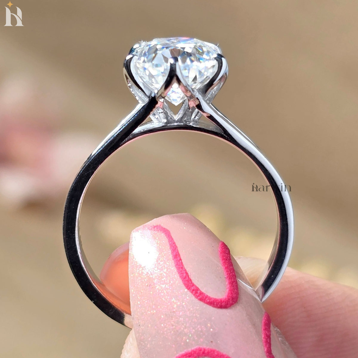 3CT Oval Cut Moissanite Tulip Setting Engagement Ring, Solid Silver Floral Ring