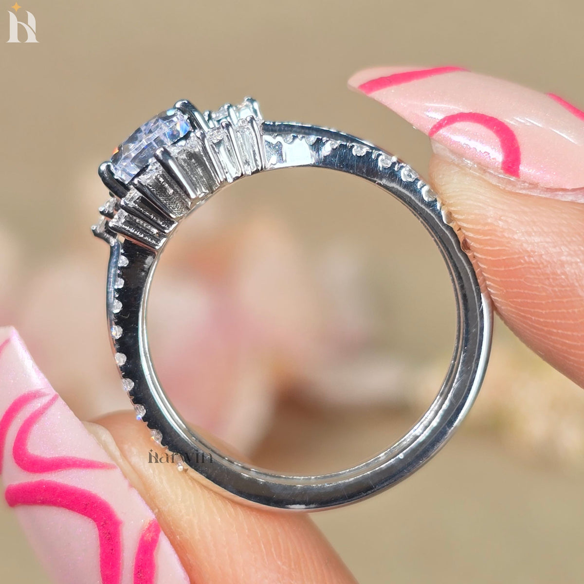 1.50CT Pear Shaped Moissanite Bridal Set, White Gold Cluster Unique Marquise Moissanite Chevron Band