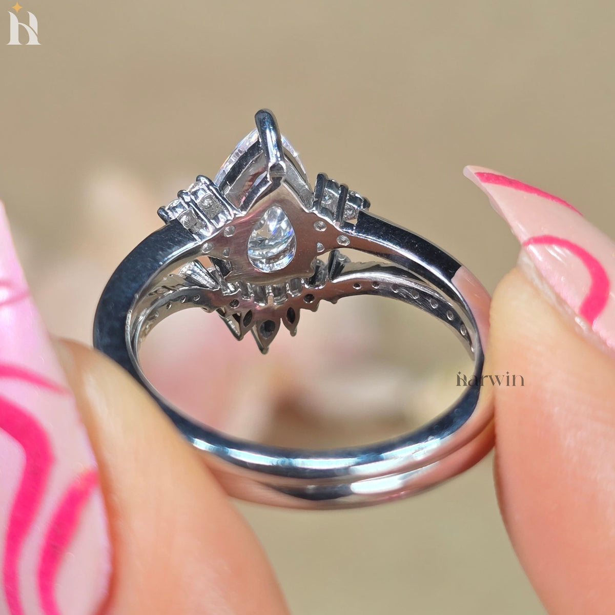 1.50CT Pear Shaped Moissanite Bridal Set, White Gold Cluster Unique Marquise Moissanite Chevron Band