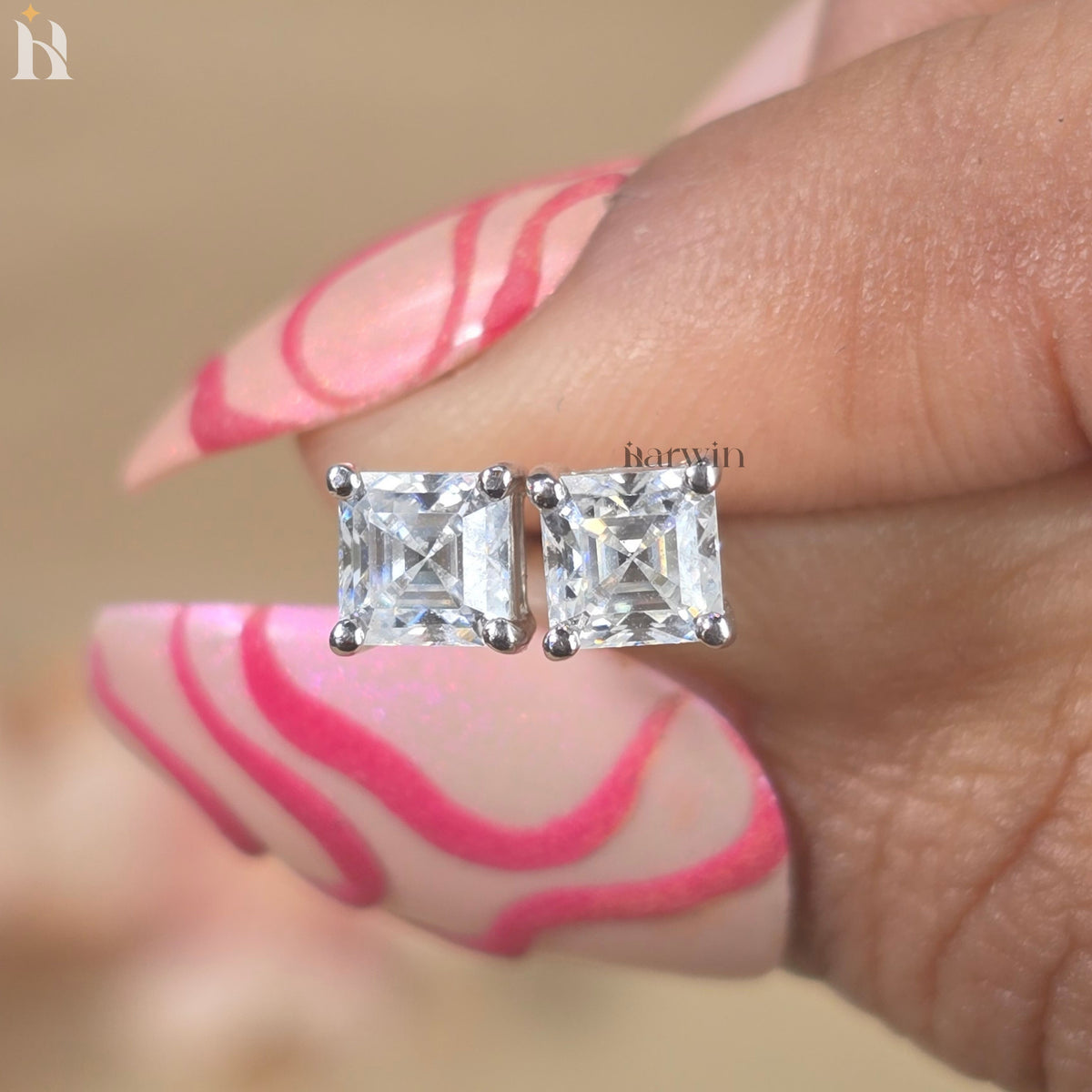 Asscher Cut Moissanite Diamond Prong Setting Stud Earrings, Push Back Solitaire Earrings